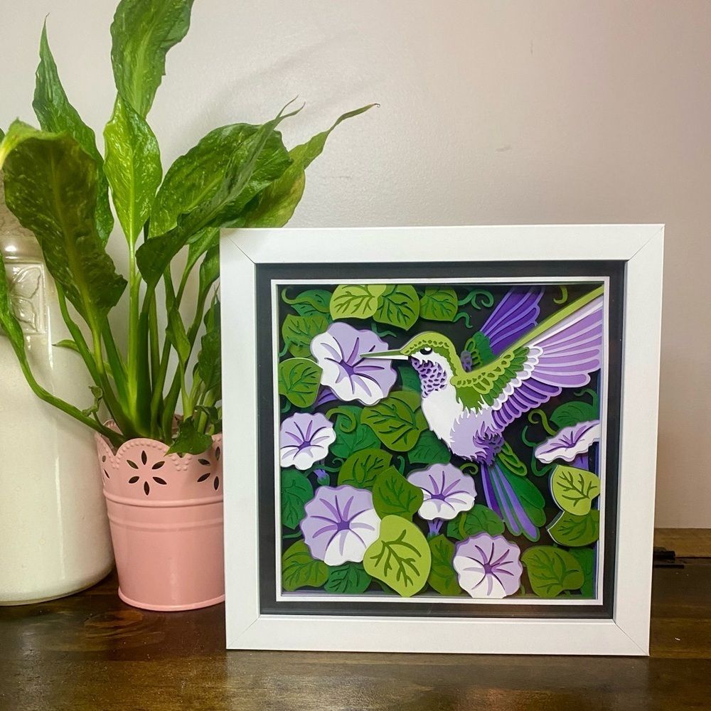3D Purple Morning Glory Hummingbird Shadowbox